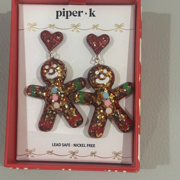 Piper K Gingerbread Man Heart Dangle Drop Christmas Earrings Ho Ho Ho Box - Picture 1 of 3